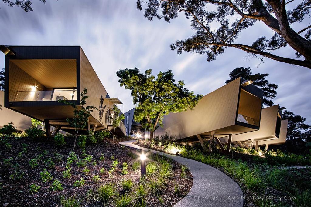 une maison sur une colline avec une passerelle dans l'établissement Hepburn Springs Escape, à Hepburn Springs