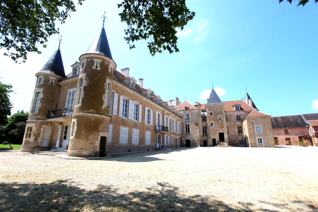 ein altes Schloss mit Türmchen und einem großen Hof in der Unterkunft Château d'Island Vézelay in Pontaubert