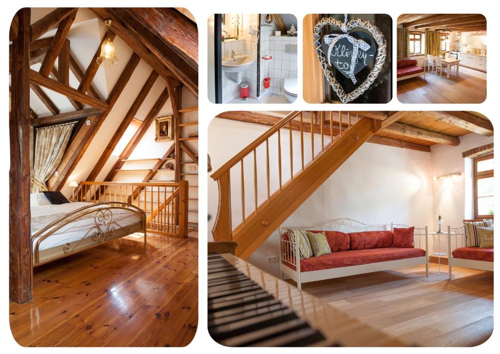 two pictures of a attic with a bed and a staircase at GoldGemäuer Appartements in Ochsenfurt