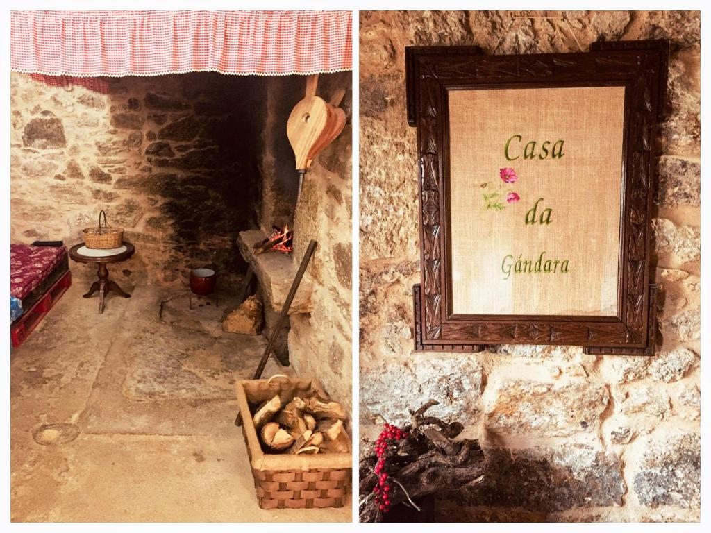 two pictures of a room with a stone wall with a picture at Albergue-Hostel Casa da Gandara in Boimorto