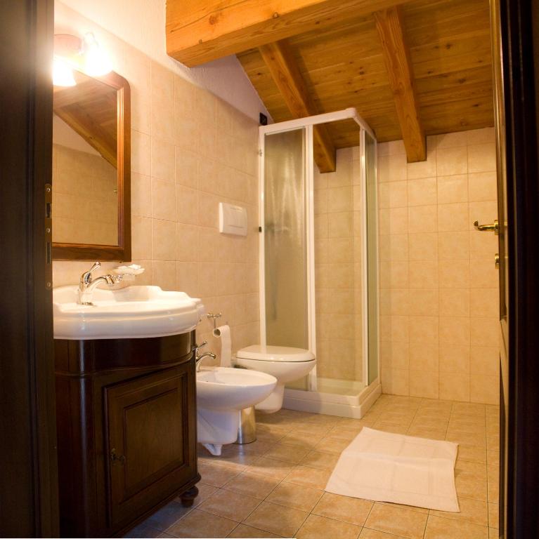 łazienka z toaletą, umywalką i prysznicem w obiekcie Locanda Lac Place Moulin w mieście Bionaz