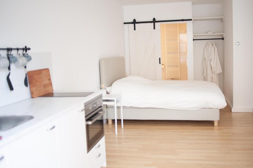een slaapkamer met een bed en een dressoir in een kamer bij Achter de duinen in Zandvoort