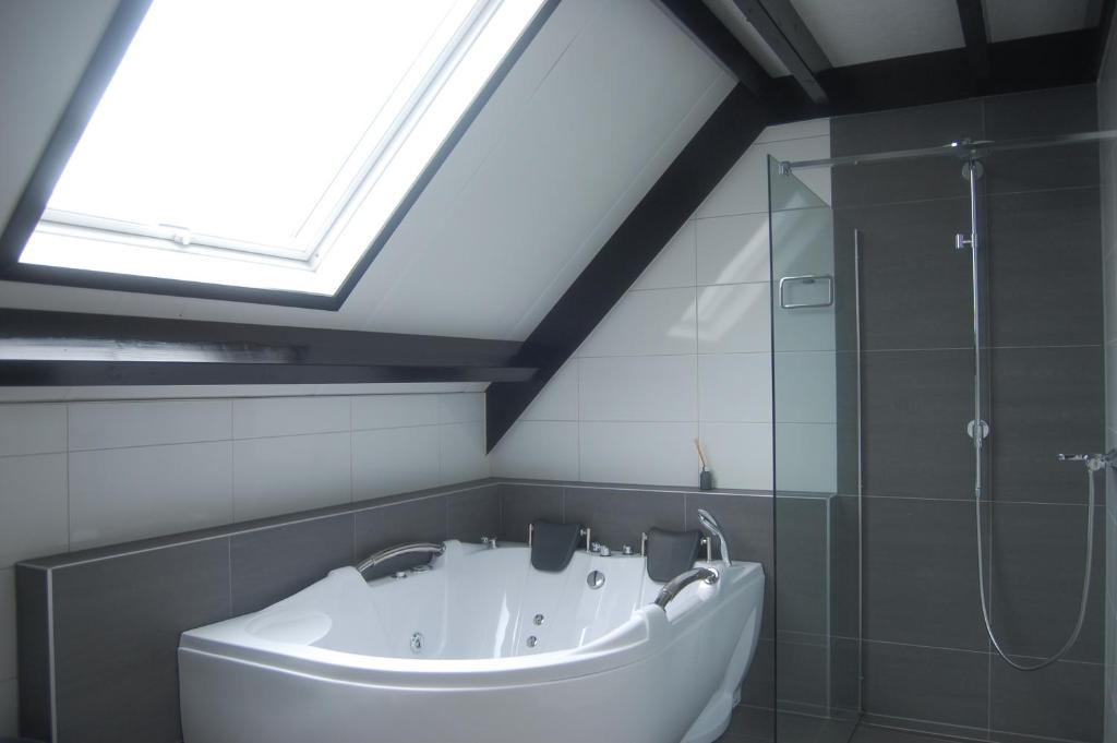 a bathroom with a large bath tub and a skylight at Toenders in Wintelre
