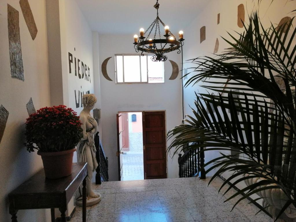 a hallway with a potted plant and a chandelier at Casa rural la cruz in Agüimes