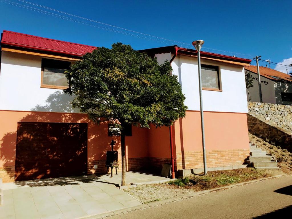 a tree in front of a building with a garage at Apartmán Pavlenka in Hustopeče