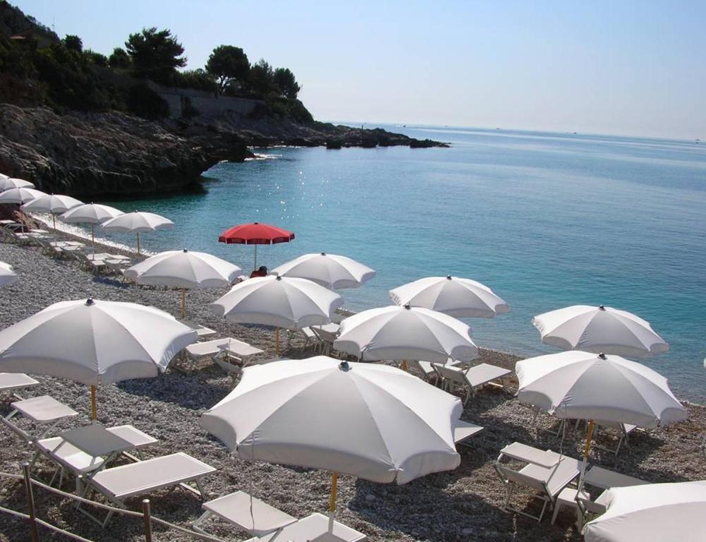 a group of white umbrellas and chairs on a beach at Maison du Citron in Vallecrosia