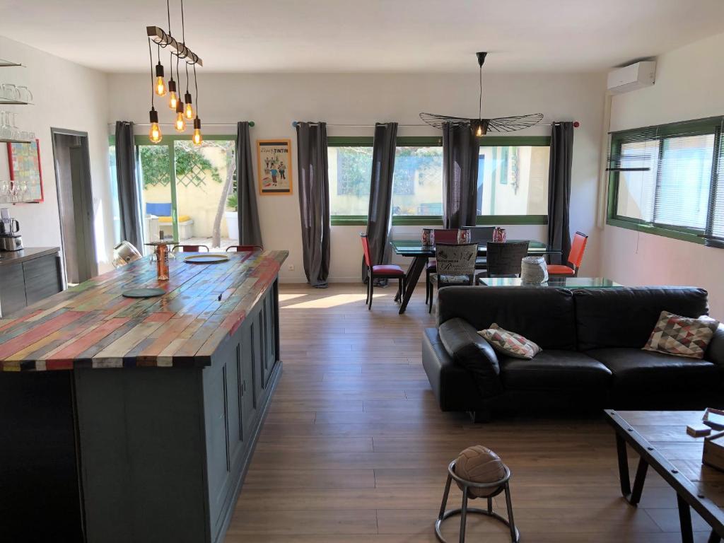 eine Küche und ein Wohnzimmer mit einer großen Arbeitsplatte in der Unterkunft La maison des Fontanille in Saint-Rémy-de-Provence