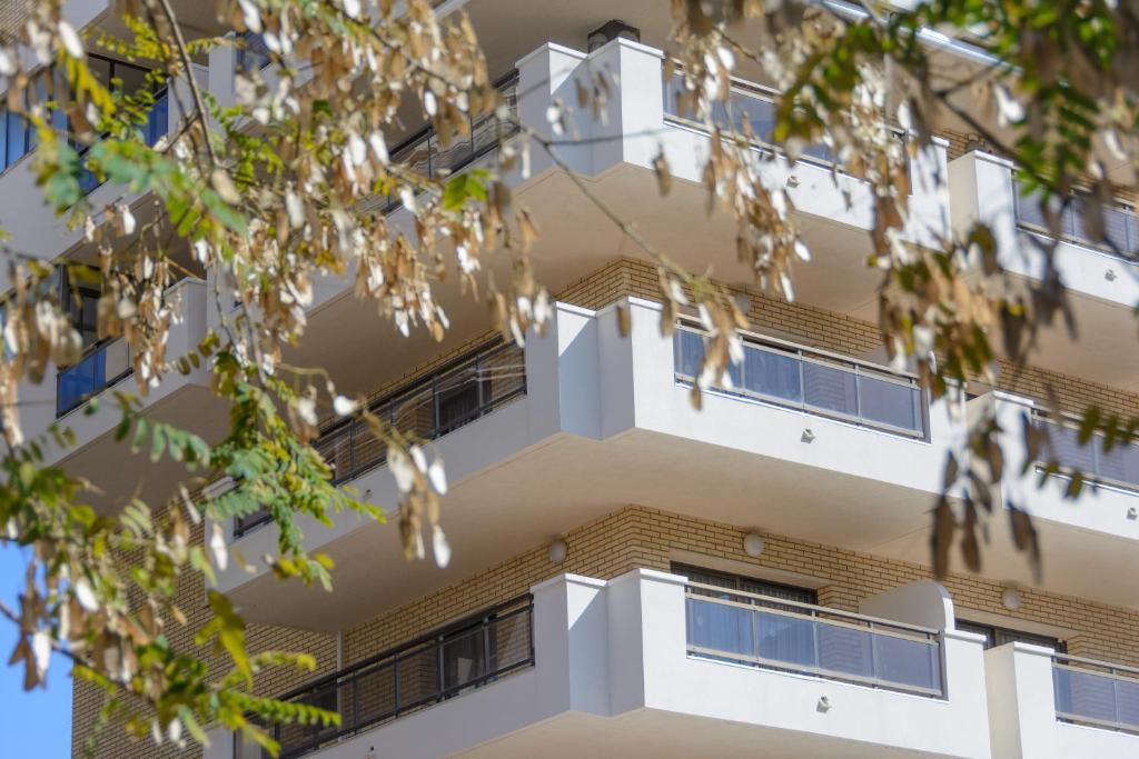 un edificio de apartamentos visto a través de una rama de árbol en Sant Jordi Zeus Basic en Salou