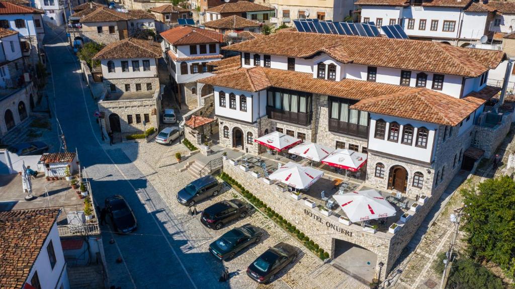 an aerial view of a city with buildings at Hotel Onufri in Berat