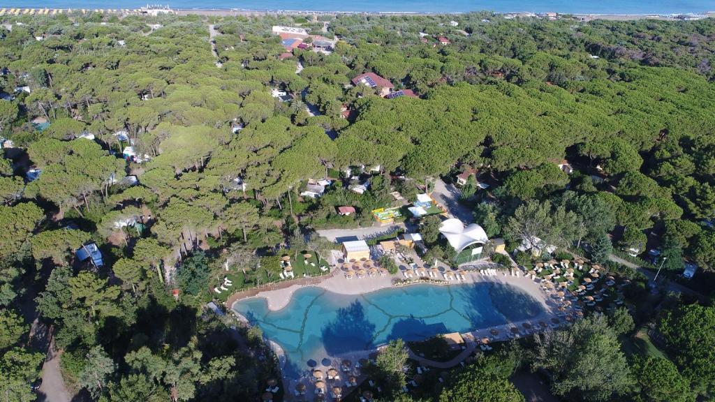 uma vista aérea de uma casa com uma piscina no bosque em Camping Village Le Esperidi em Marina di Bibbona