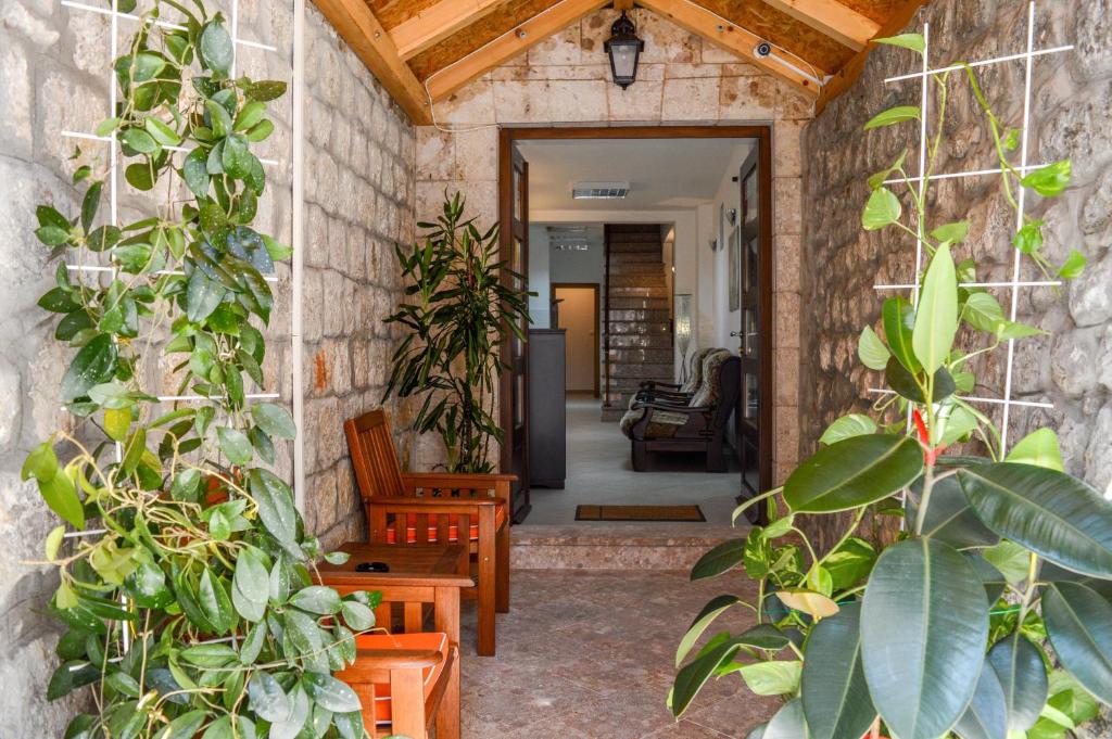 un couloir avec des chaises et des plantes dans un bâtiment dans l'établissement Hostel Sinj, à Sinj