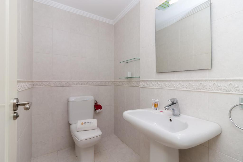 uma casa de banho com um lavatório, um WC e um espelho. em Burriana Playa Ibnsadi Nerja em Nerja