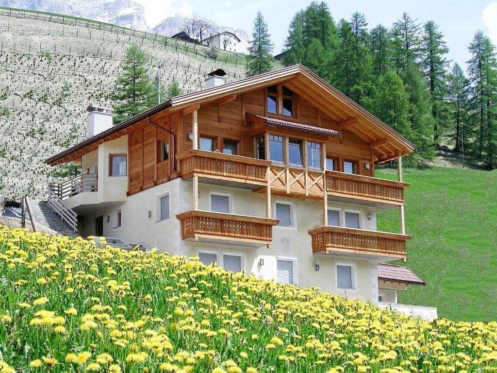 una casa en una colina con un campo de flores en Residence Araldina, en San Cassiano