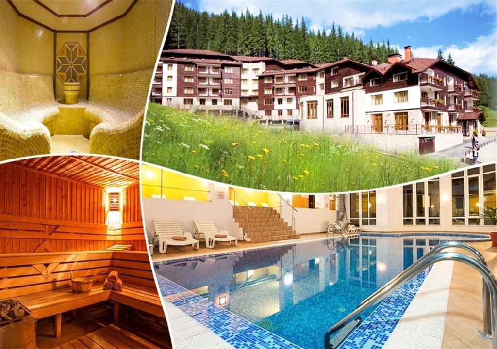 eine Collage mit Bildern eines Hotels und eines Pools in der Unterkunft The Stream Resort in Pamporowo