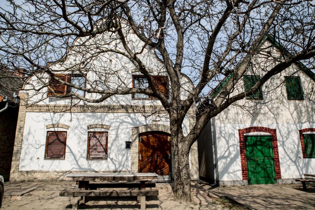 - un bâtiment blanc avec des portes vertes et un arbre dans l'établissement Berger Pince-vendégház, Hajósi pincék, à Hajósi Pincék