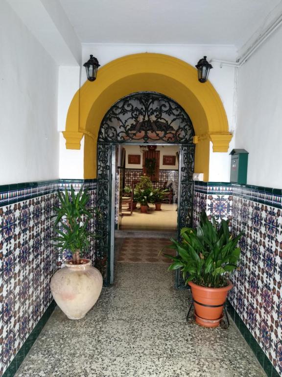 uma entrada para um edifício com plantas na bancada em Hostal Manolo em El Puerto de Santa María