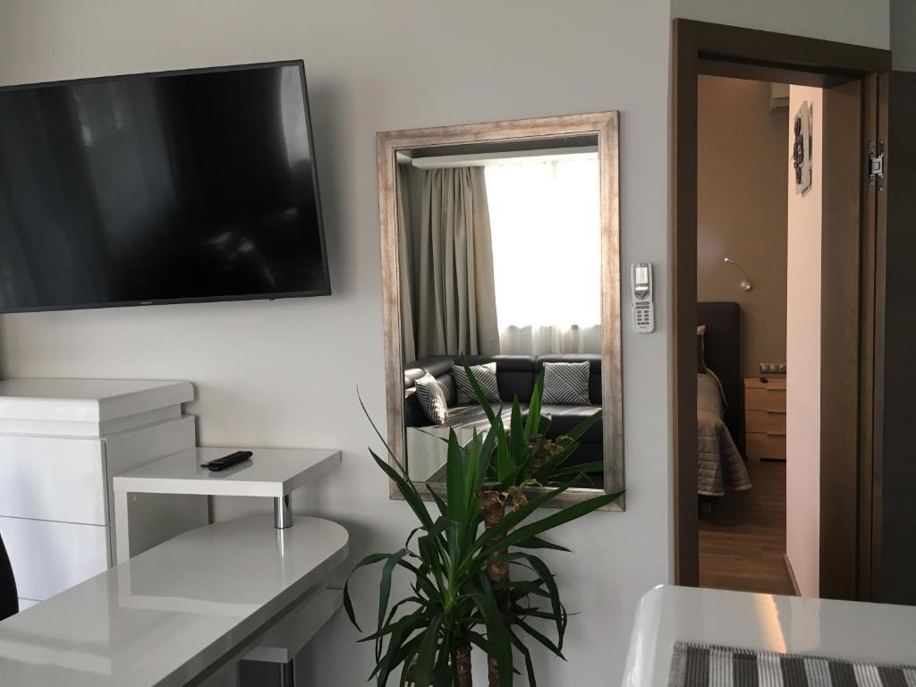 TV a/nebo společenská místnost v ubytování Calypso Lakeside Rooms & Lux Apartments