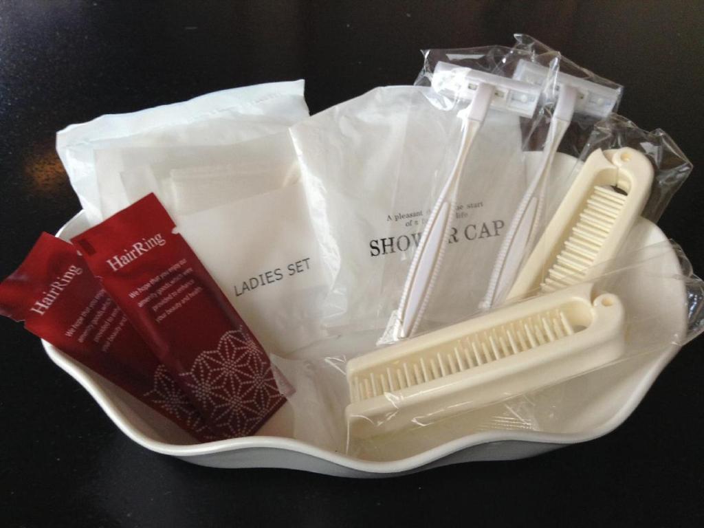 a white plate with a comb and a hair dryer at Inatori Tokai Hotel Yuen in Higashiizu