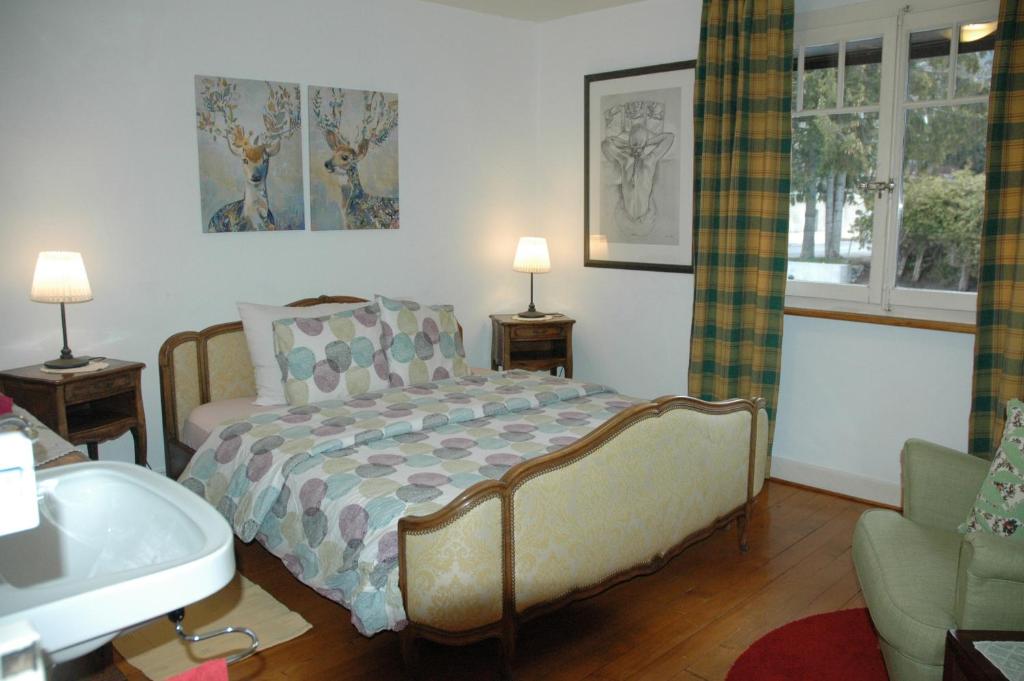 a bedroom with a bed and a tub in it at Chalet la Griotte in Villars-sur-Ollon