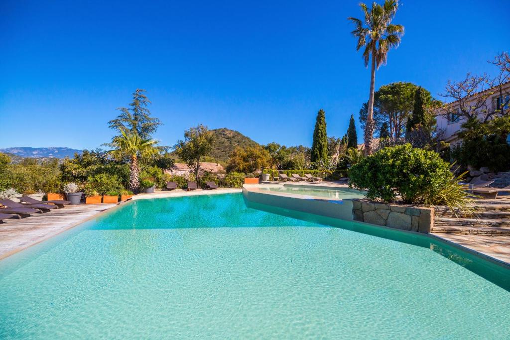 a swimming pool with blue water and palm trees at Résidence Les Toits de Santa Giulia in Porto-Vecchio