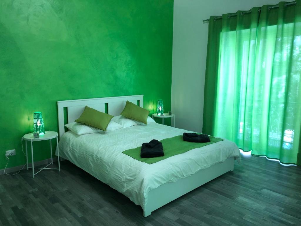 um quarto com uma cama grande e paredes verdes em Tembo House - Pantano 1 em Catânia