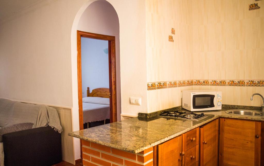 a kitchen with a counter top and a microwave at Apartamentos Bellavista Bolonia in Bolonia