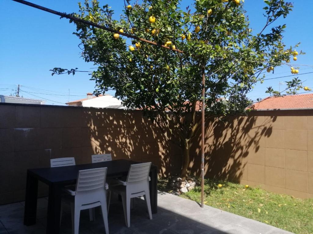 a black table and chairs next to a lemon tree at Lemon Tree Apartment in Vila do Conde