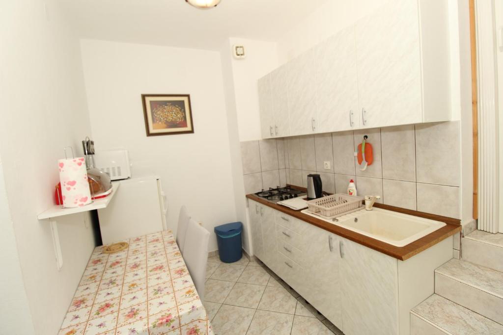 una pequeña cocina con fregadero y nevera. en Apartments Dvorski, en Mandre