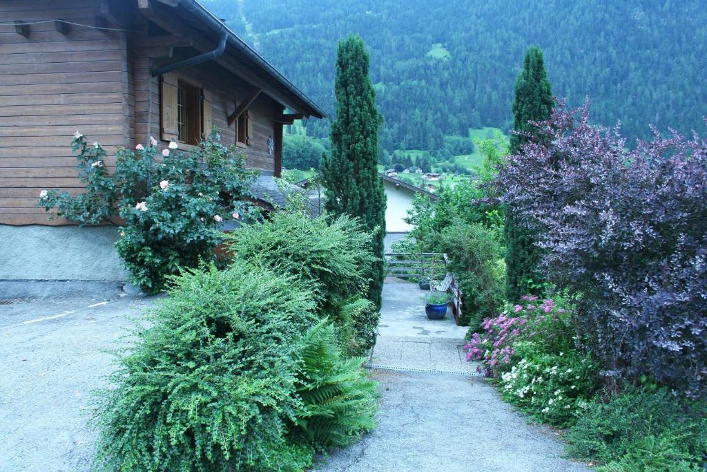 einen Garten mit Pflanzen und einem Haus und einem Fluss in der Unterkunft BnB Claudy et Elizabeth Michellod-Dutheil in Le Châble
