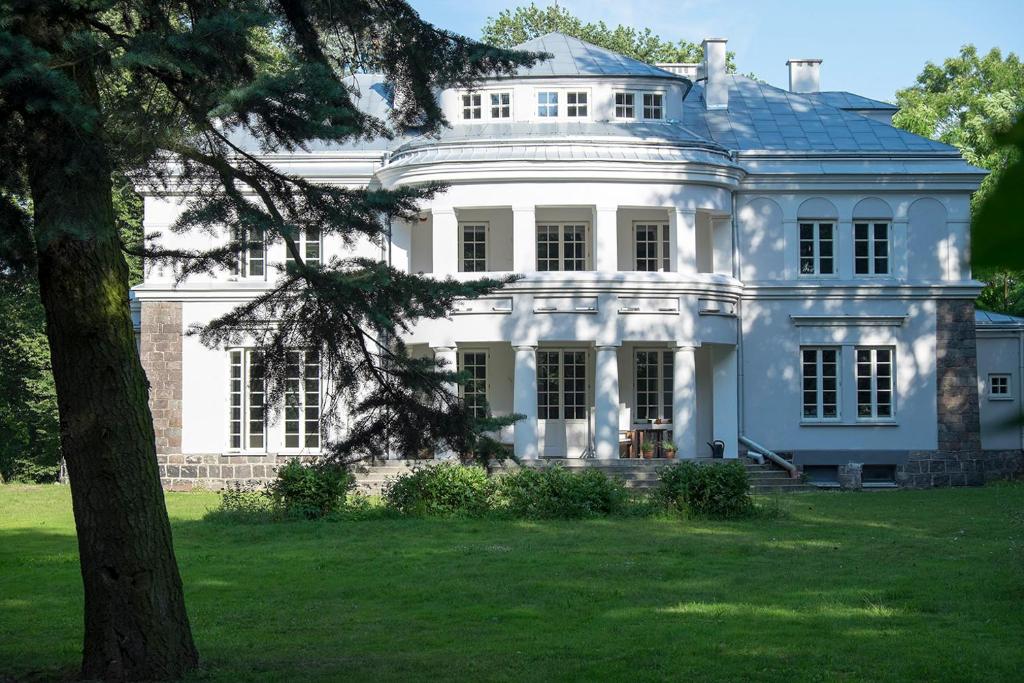 une grande maison blanche avec un arbre en face dans l'établissement Pałac Krzykosy, à Krzykosy