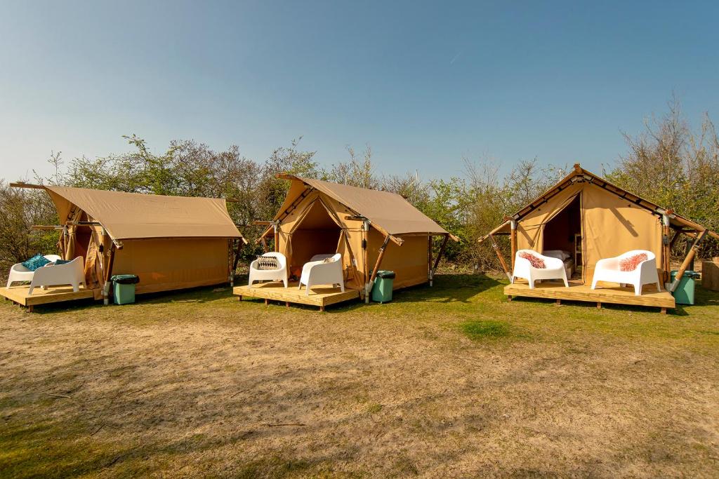 a group of tents with chairs in the grass at Marinaparcs Almere in Almere