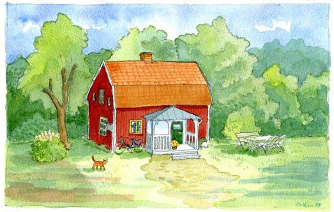 a painting of a red house with a dog in front at Bjälbo Gästhus B&B in Skänninge