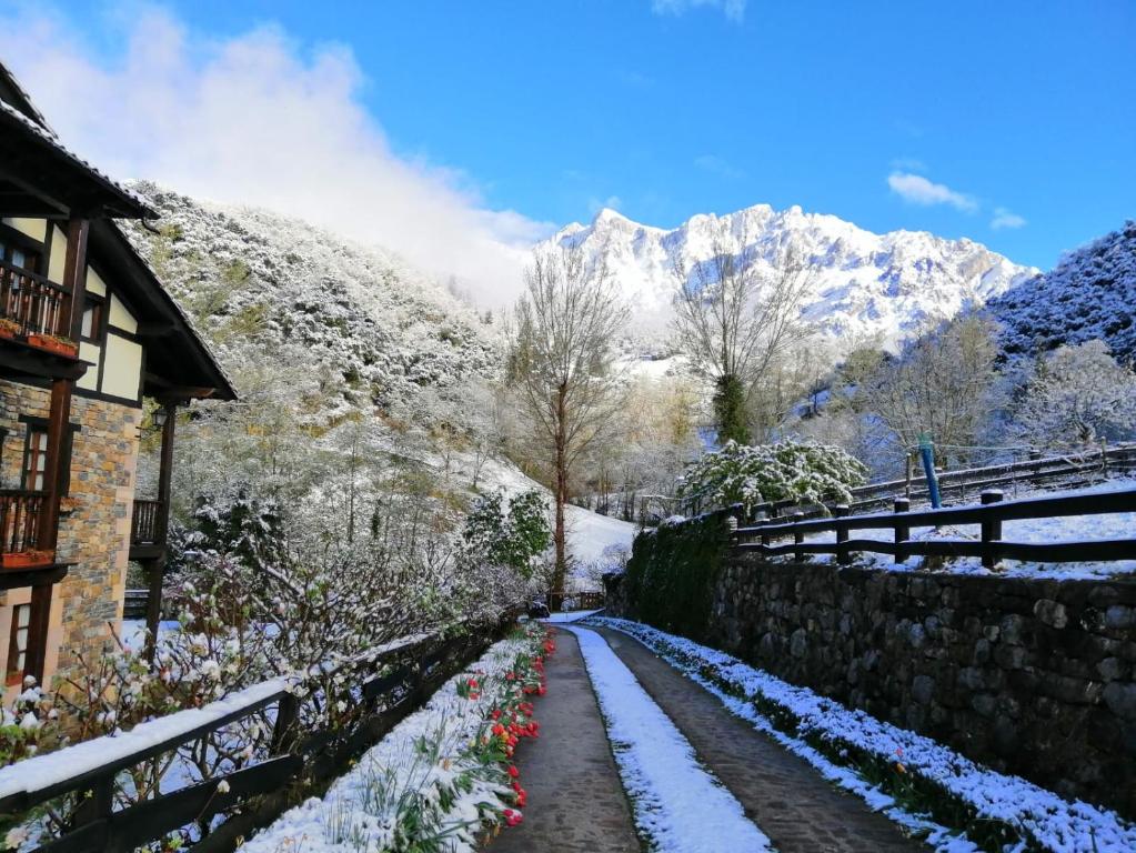 un camino cubierto de nieve con montañas en el fondo en Posada San Pelayo, en Camaleño