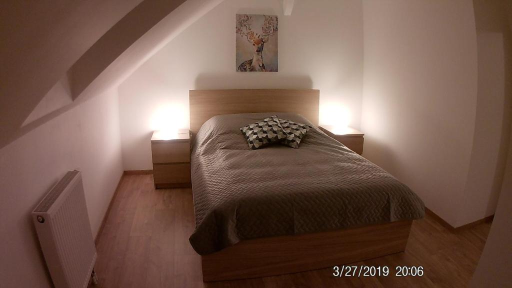 niewielka sypialnia z łóżkiem z 2 szafkami nocnymi w obiekcie Gite des Tilleuls w mieście Wattwiller