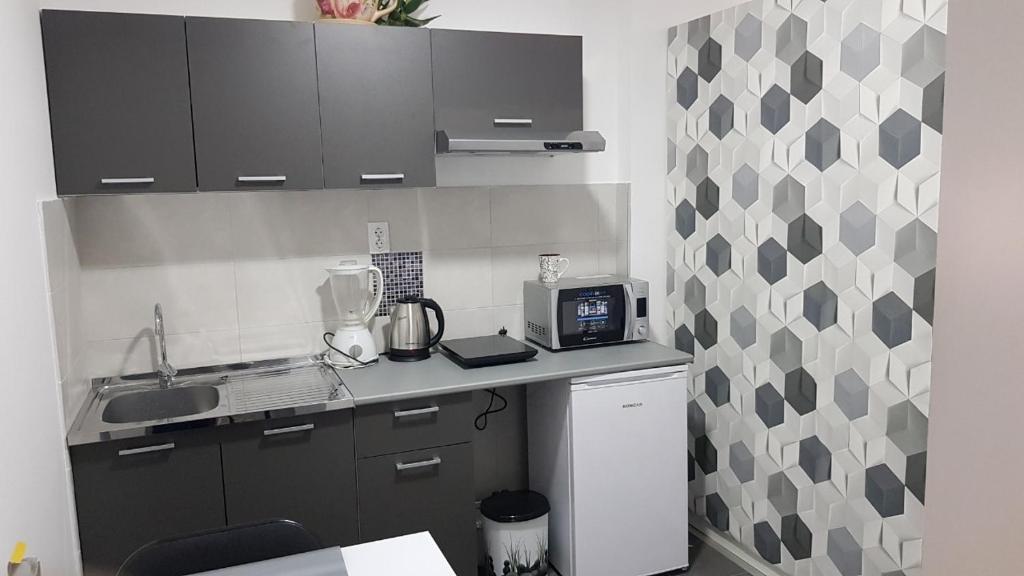 una piccola cucina con lavandino e piano di lavoro di Anni a Belgrado