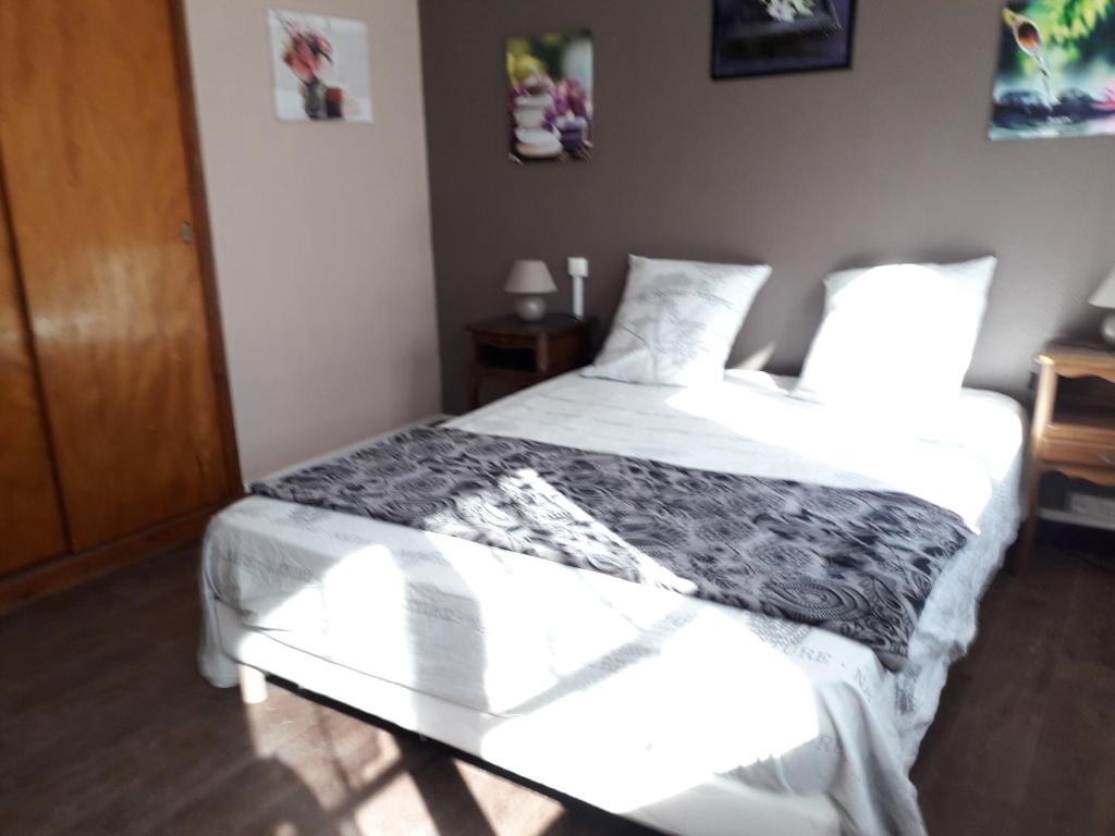 1 dormitorio con 1 cama con edredón blanco y negro en A l'Ombre du Figuier, en Meynes