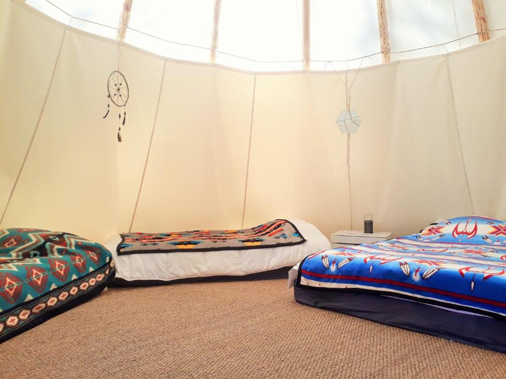 Postel nebo postele na pokoji v ubytování Magnifique chalets en rondins avec ou sans spa et Tipis en plaine Nature Environnement ressourçant au calme vue imprenable Lascaux SPA non disponible juillet et aout