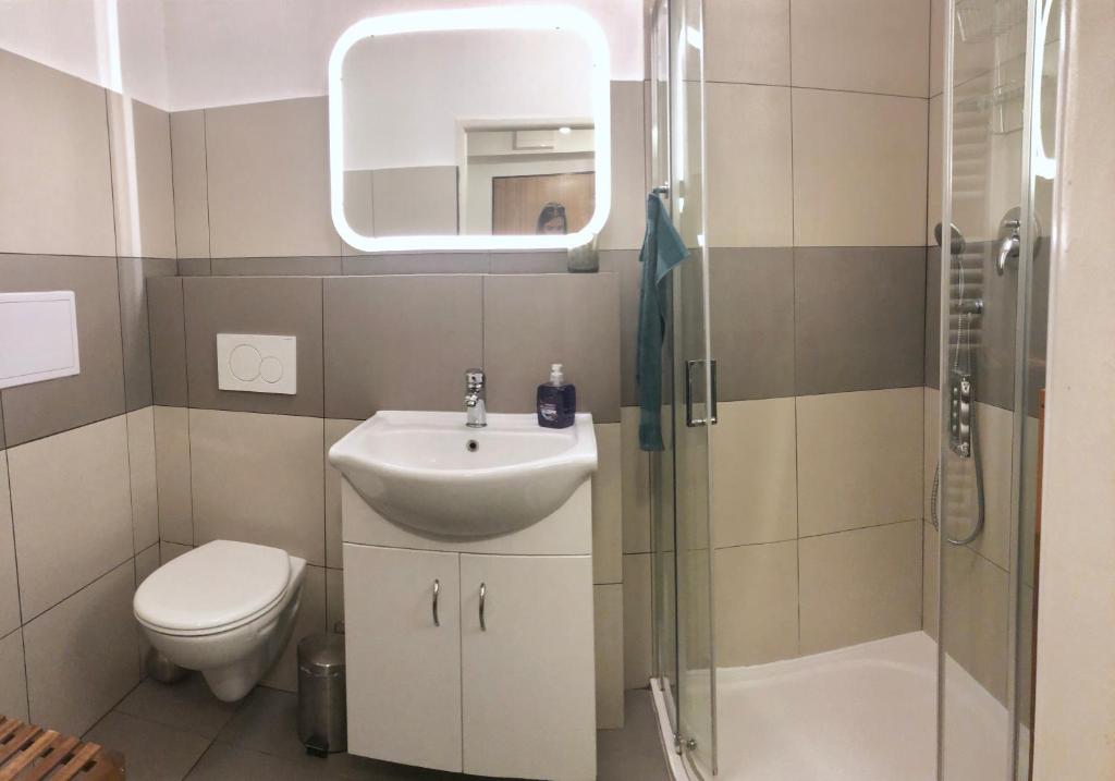 a bathroom with a toilet and a sink and a shower at Apartmány CAFÉ-CAFÉ in Jičín