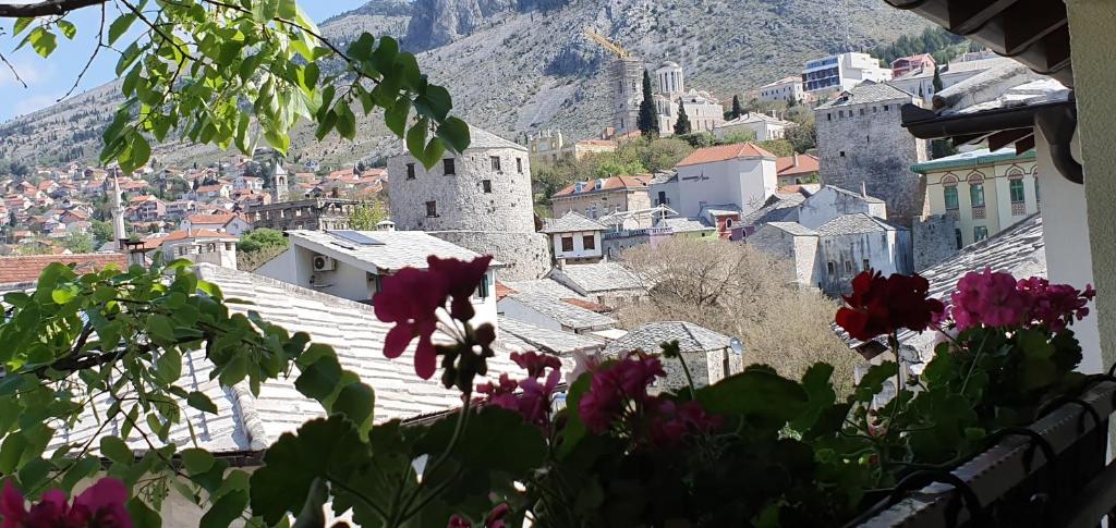 Blick auf eine Stadt mit Bergen im Hintergrund in der Unterkunft Villa Cardak in Mostar