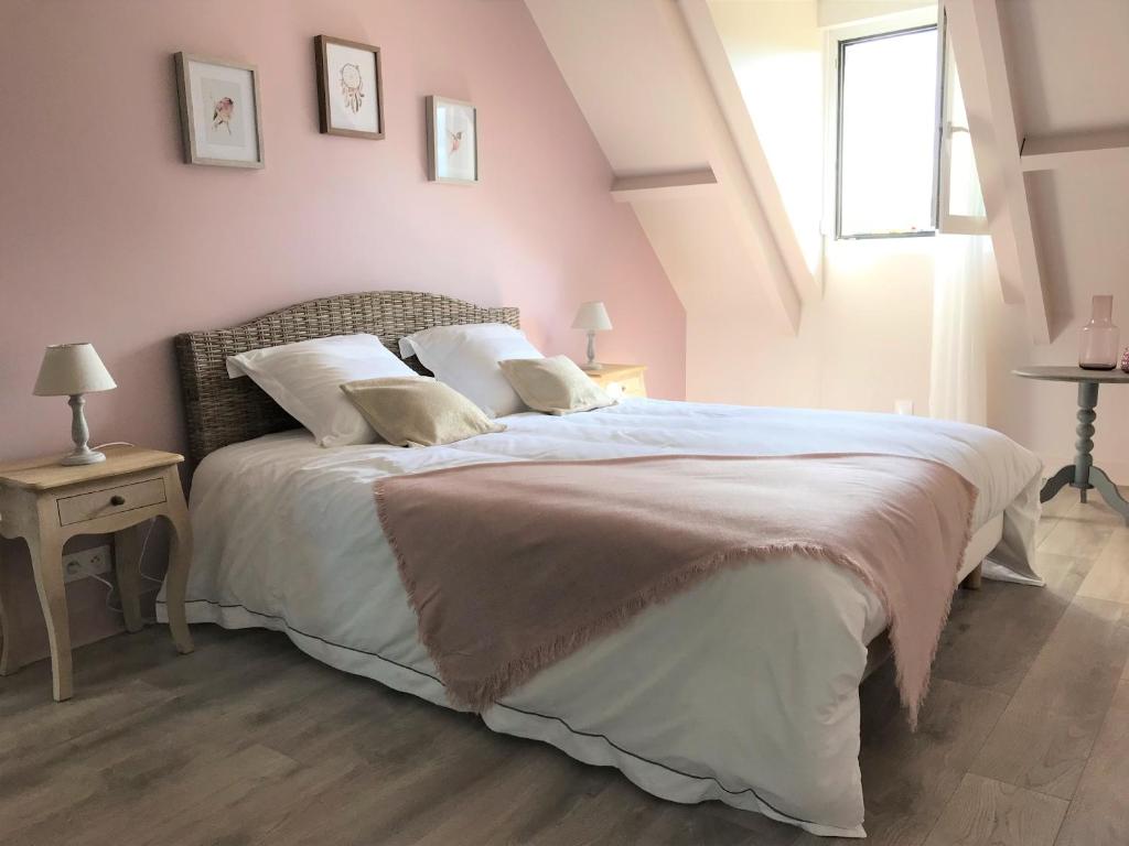 ein Schlafzimmer mit einem großen Bett und einem Fenster in der Unterkunft Au coeur des châteaux in Cheverny