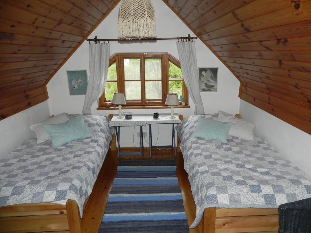 two beds in a attic room with a window at Ferienhaus Himmelreichmühle in Rettenberg