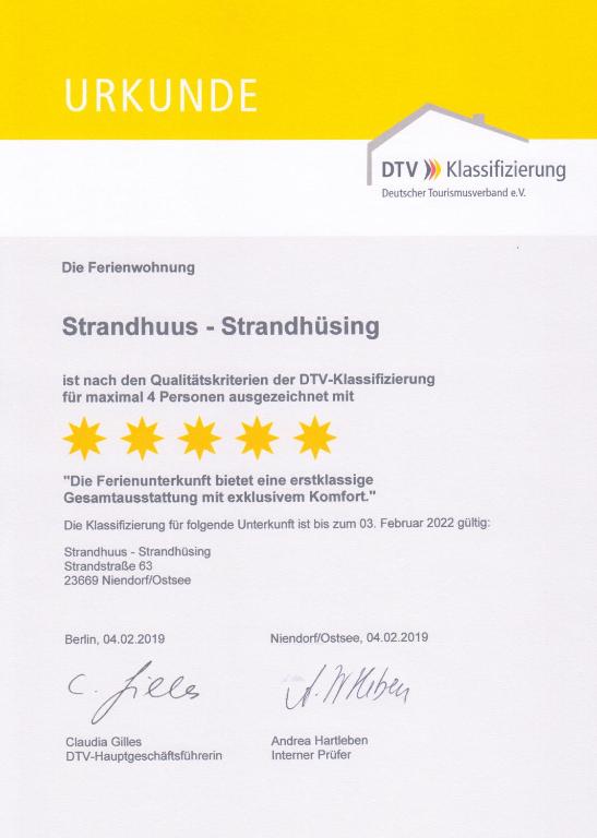 Certifikát, hodnocení, plakát nebo jiný dokument vystavený v ubytování Strandhuus - Urlaub aan de Ostsee