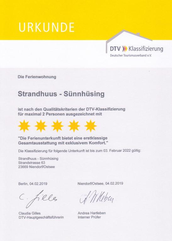 Certifikát, hodnocení, plakát nebo jiný dokument vystavený v ubytování Strandhuus - Urlaub aan de Ostsee