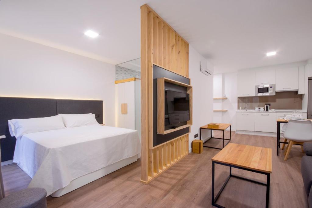 a bedroom with a bed and a tv and a kitchen at Galerías 16 Viviendas Turísticas in Lugo