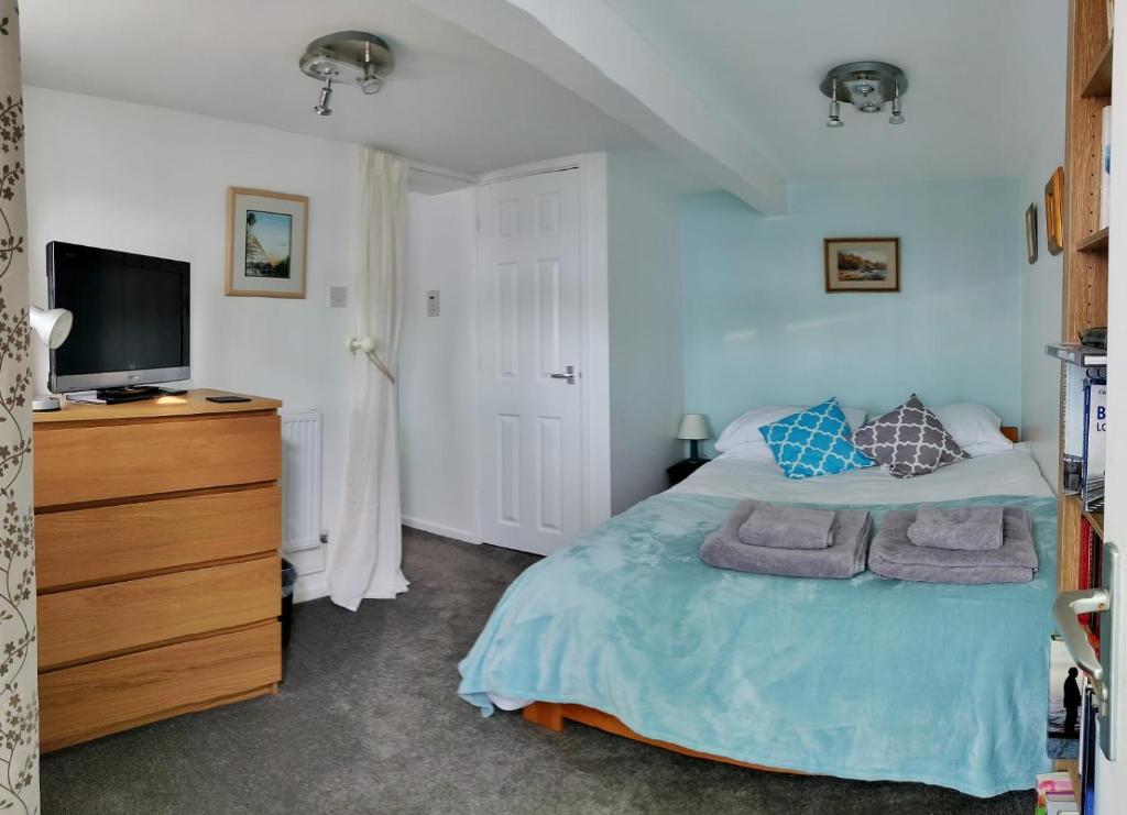 a bedroom with a bed and a tv on a dresser at Garden Apartment in Newton Abbot