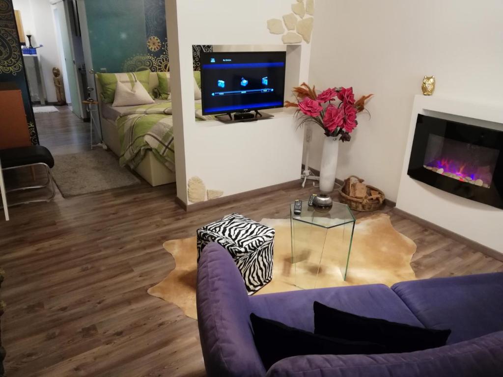 a living room with a purple couch and a tv at Wohnung Stuttgart Mitte in Stuttgart