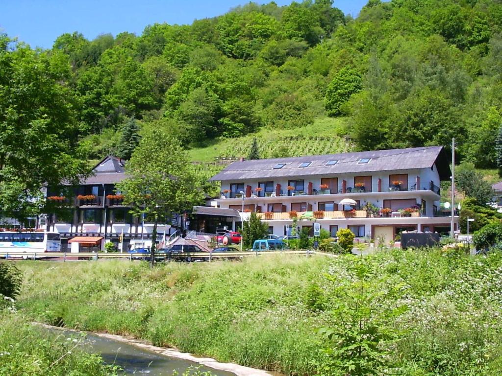 a building on the side of a river with trees at Landhotel Weinhaus Treis in Weinähr