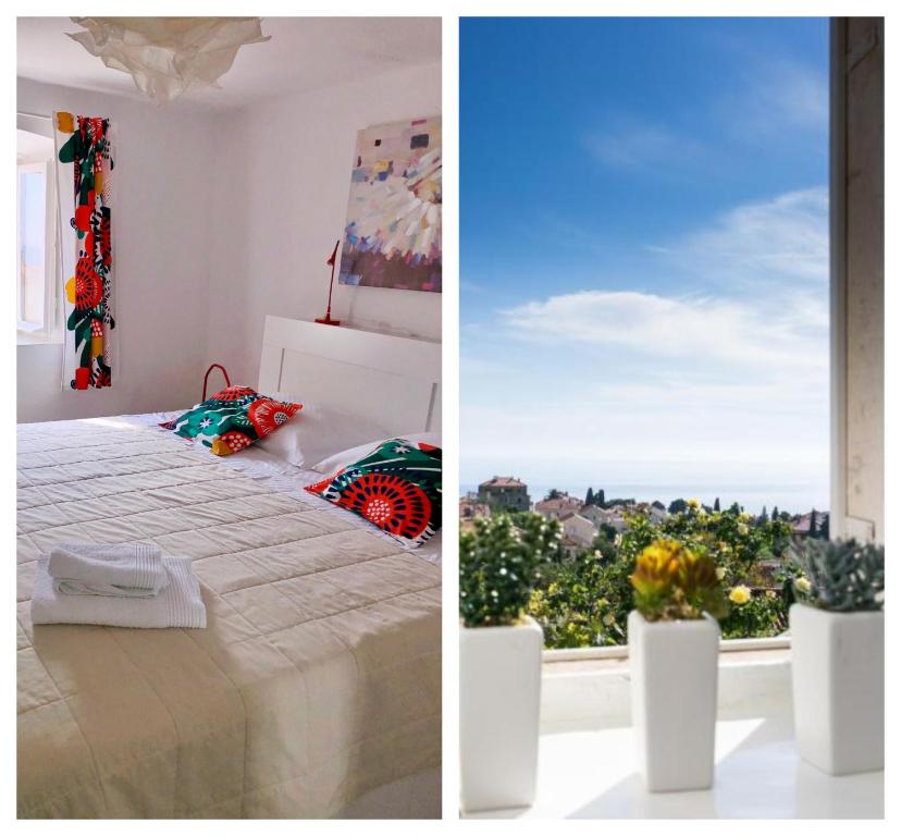 2 fotos de un dormitorio con cama y ventana en House Verde - private house with seaview, en Dubrovnik