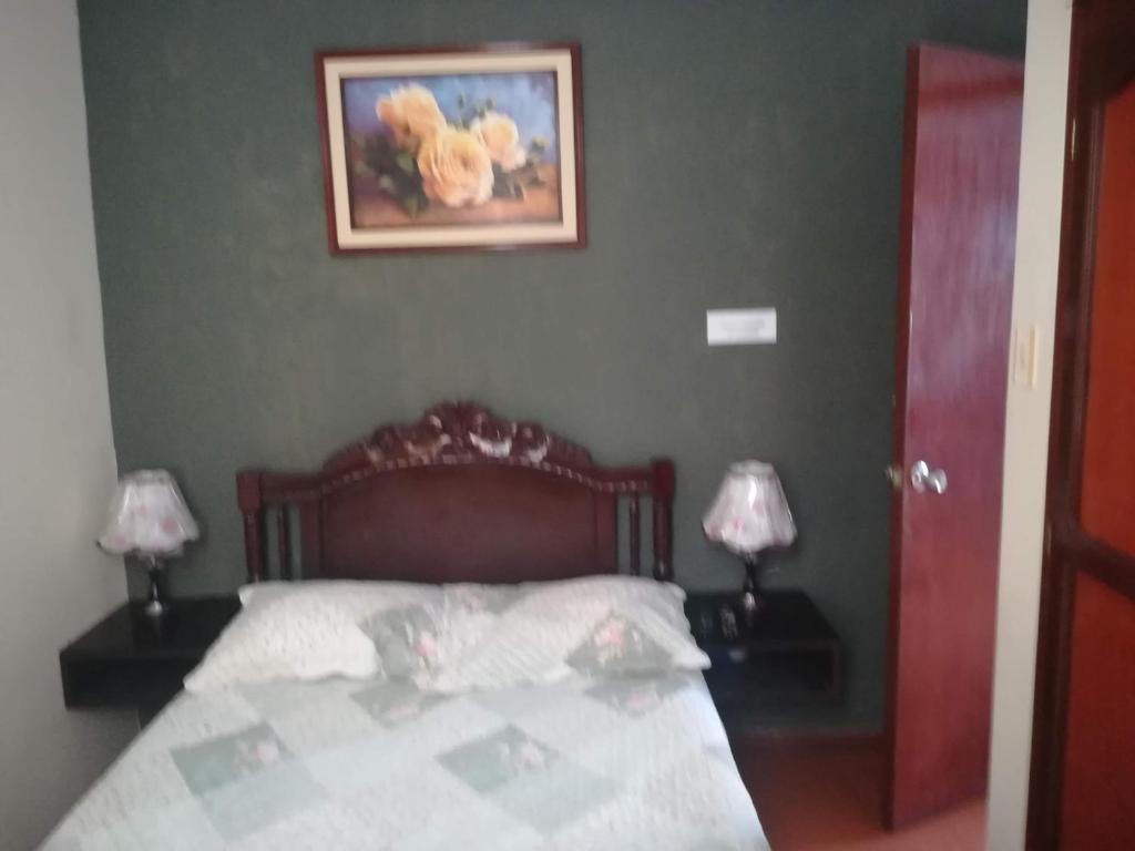 1 dormitorio con 1 cama con 2 lámparas y una foto en la pared en Mini Departamento Tambo Huascar 2, en Lima