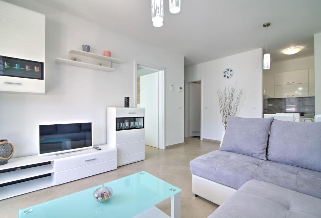 塞尼Apartment Waves-Villa Sunce的带沙发和电视的客厅